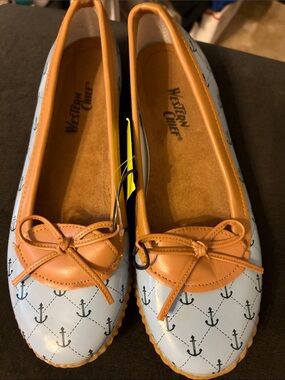 Western Chief Blue Anchor Moccasin Rain Flats with Tan Trim